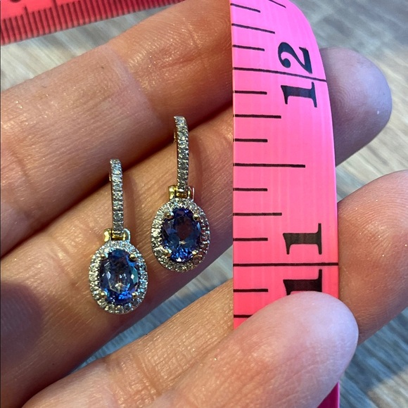 14k Gold diamond tanzanite Drop Earrings. Oval Gemstones with diamond Pavé Halos - Picture 11 of 13